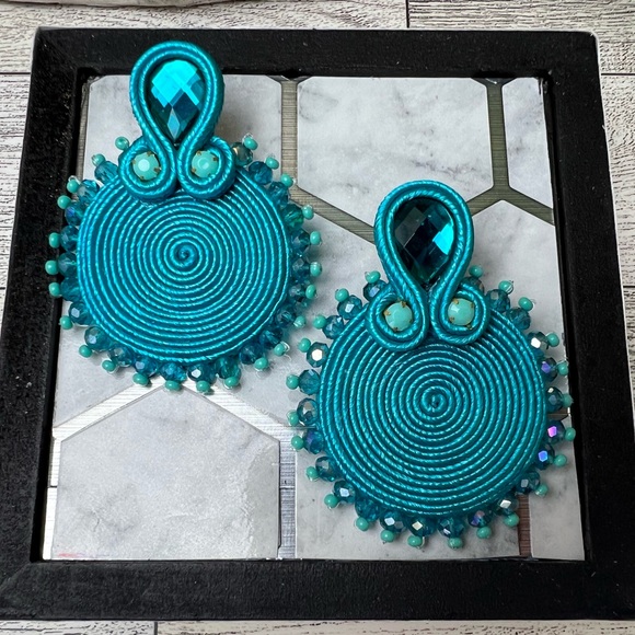 Glam Light Blue Stylish Earrings - Evening Trendy Statement Earrings - Picture 2 of 10